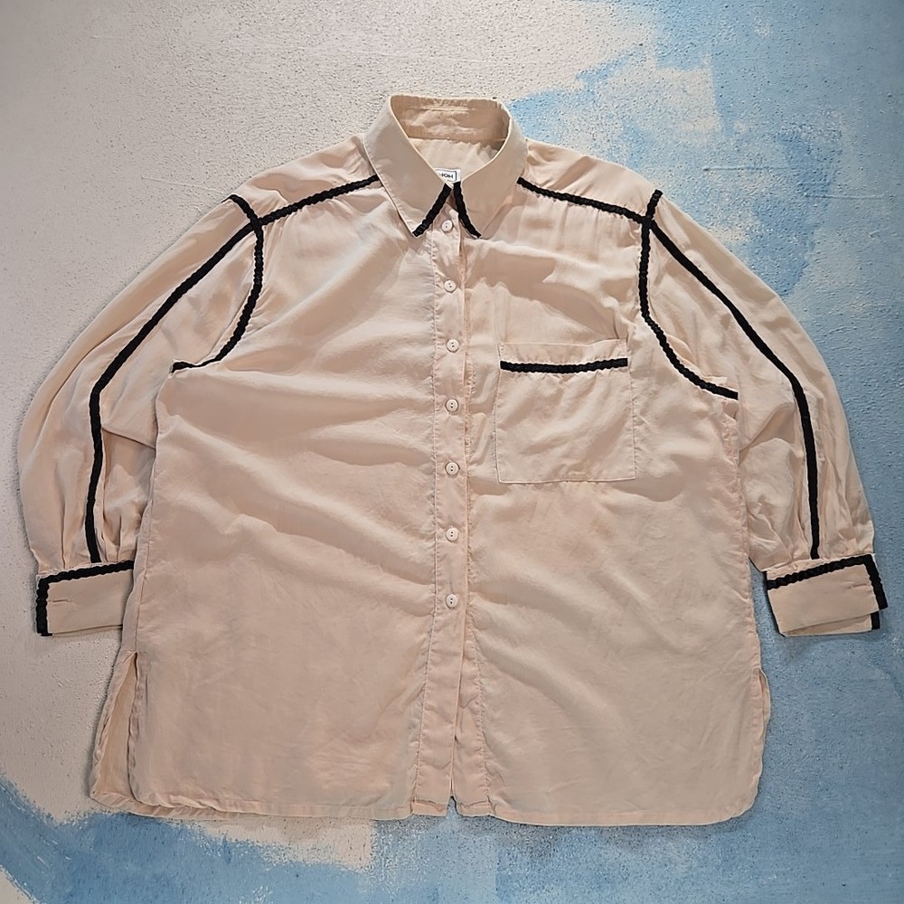 VTG 80s Nora Noh Pink Blouse Womens Size 10 100% Silk French‎ Cuff Black Piping